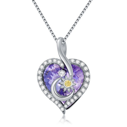 Sterling Silver Heart Crystal With Zircon Moon & Sun Pendant Necklace For Women