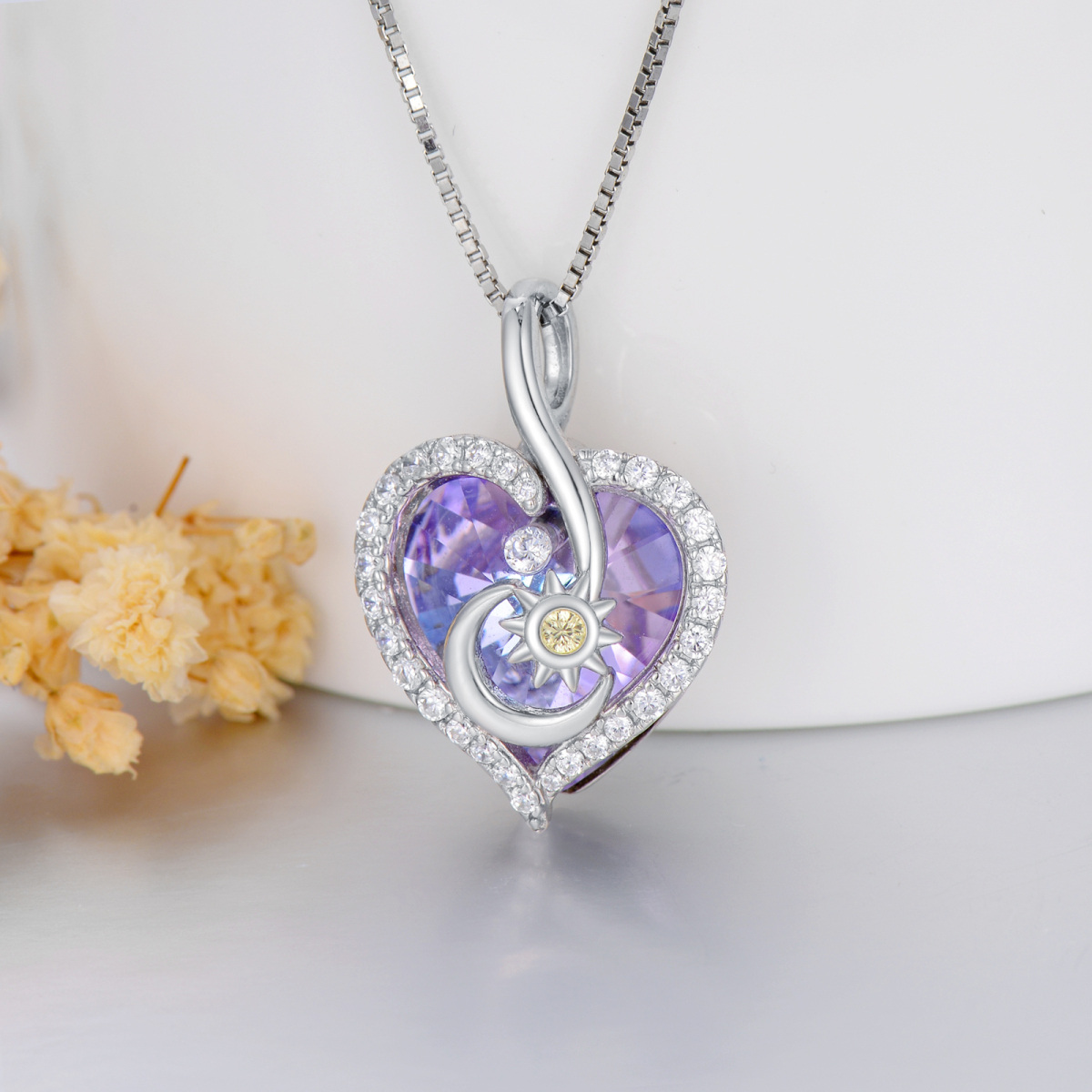 Sterling Silver Heart Crystal With Zircon Moon & Sun Pendant Necklace For Women-3