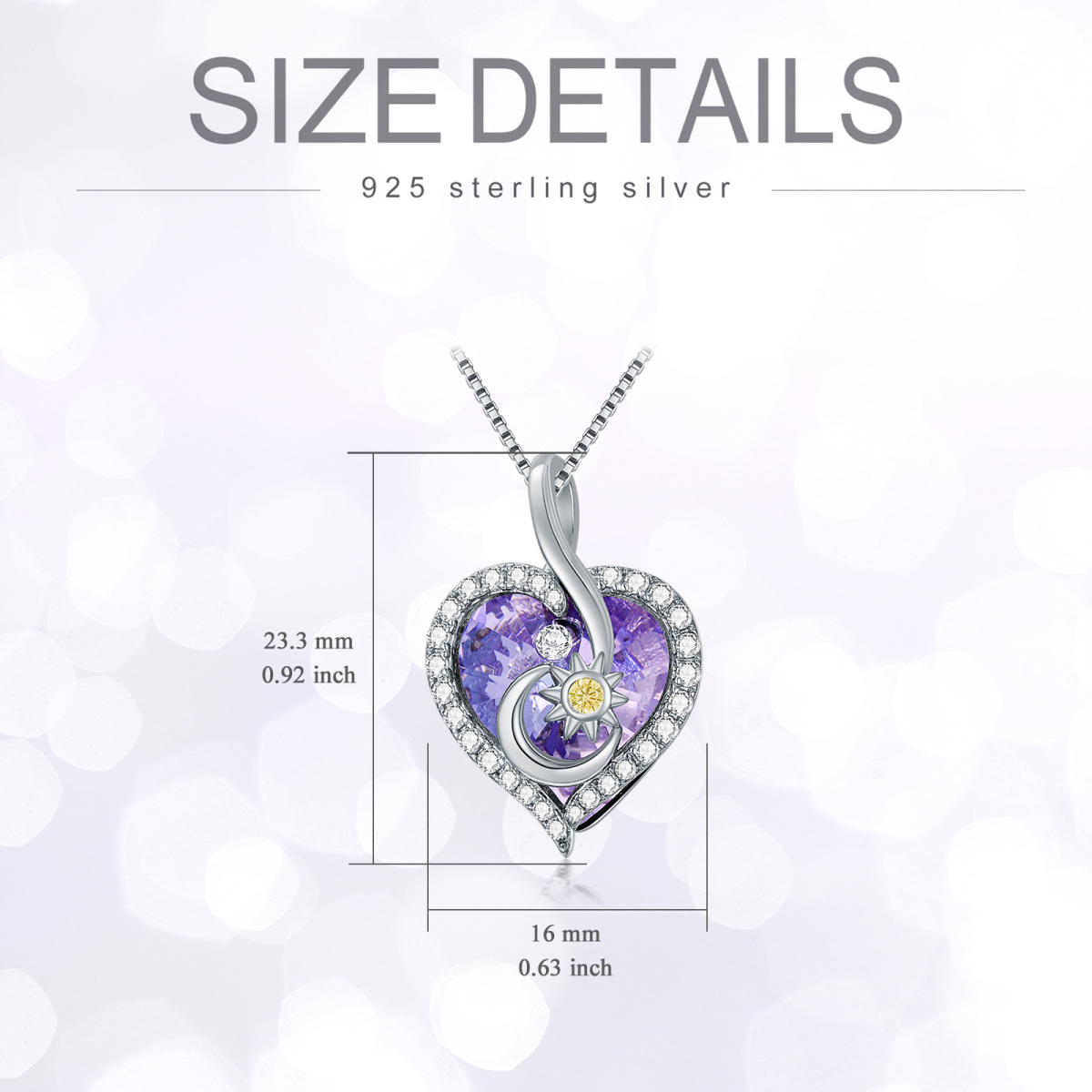 Sterling Silver Heart Crystal With Zircon Moon & Sun Pendant Necklace For Women-5