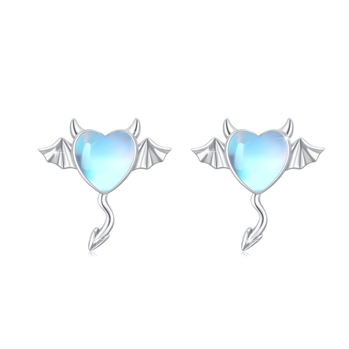 Sterling Silver Heart Shaped Moonstone Angel Wing Stud Earrings-1