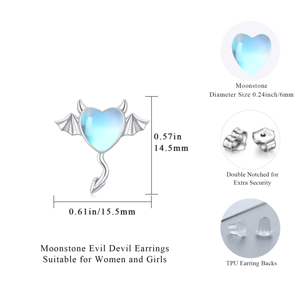 Sterling Silver Heart Shaped Moonstone Angel Wing Stud Earrings-6