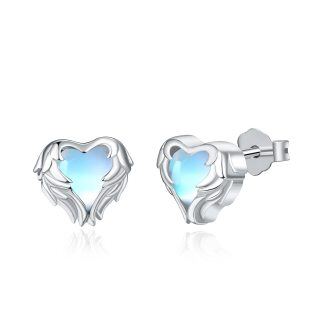 Sterling Silver Heart Shaped Moonstone Angel Wing Stud Earrings-42