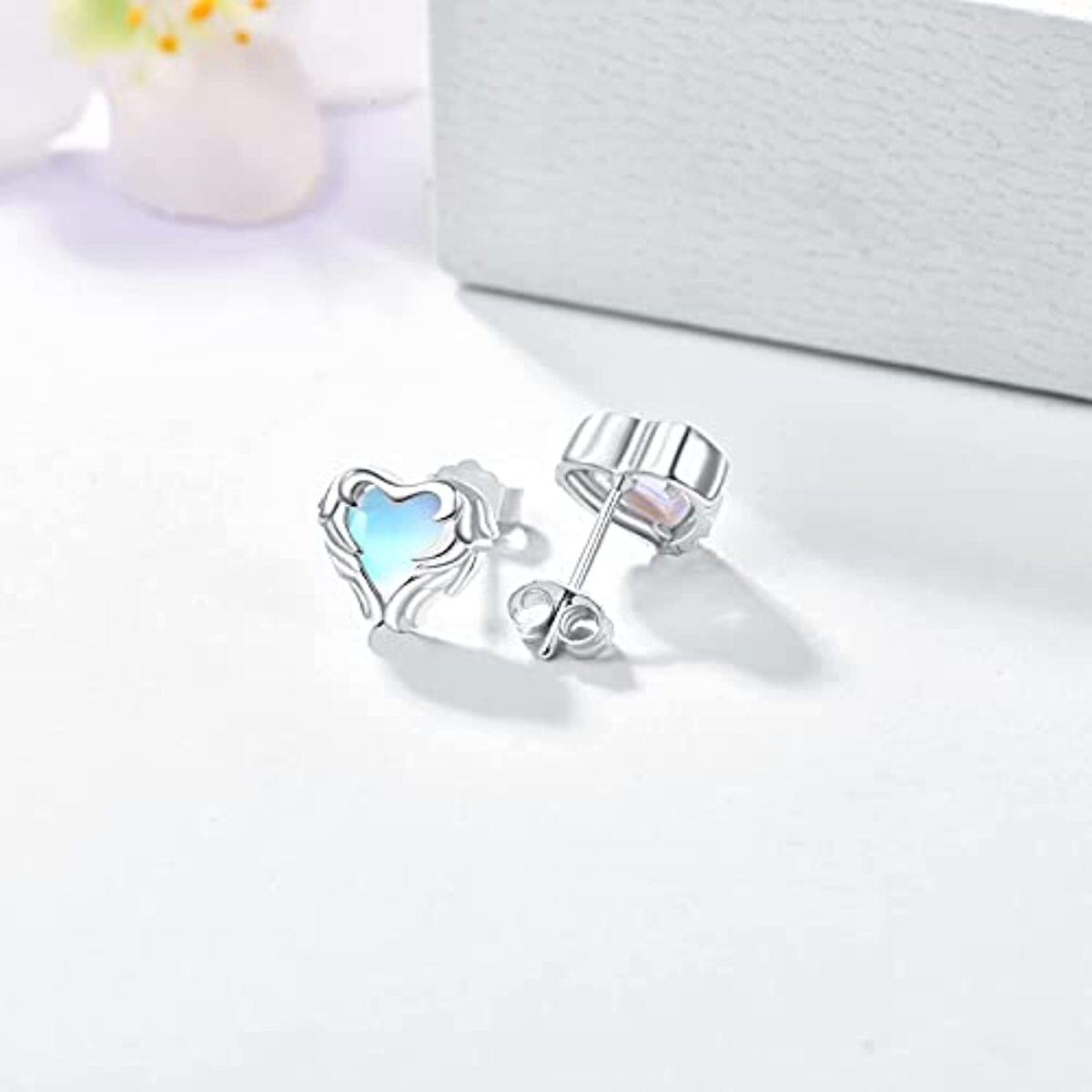 Sterling Silver Heart Shaped Moonstone Angel Wing Stud Earrings-4