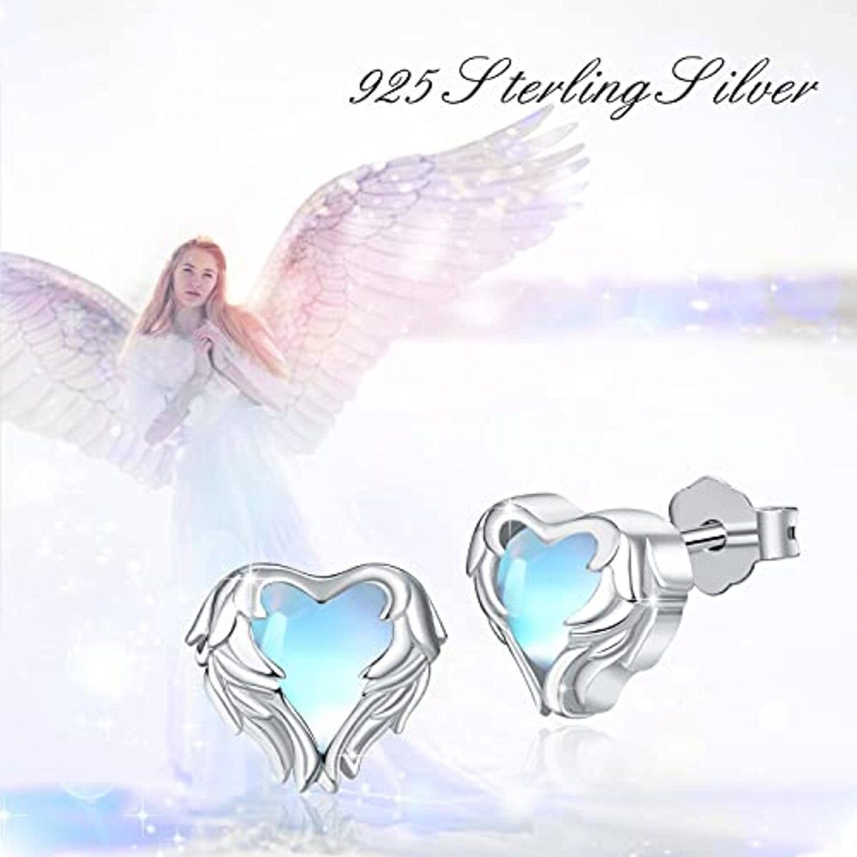 Sterling Silver Heart Shaped Moonstone Angel Wing Stud Earrings-5