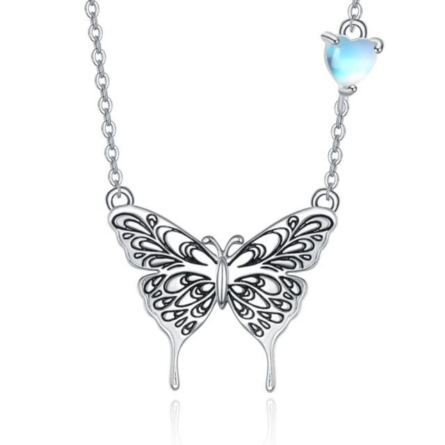 Collier en argent sterling avec pendentif papillon en forme de coeur en pierre de lune-1