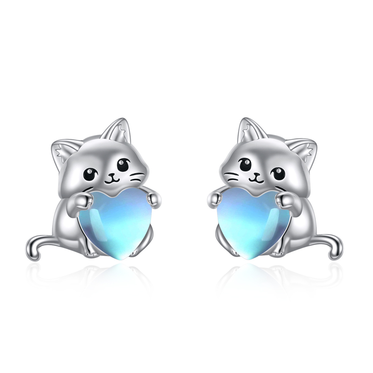 Pendientes de plata de ley con forma de corazón de gato y corazón de piedra de luna-1