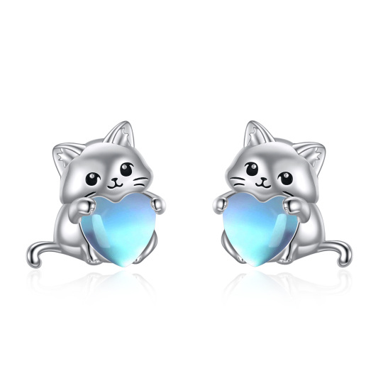 Sterling Silber Herz geformt Mondstein Katze & Herz Ohrstecker
