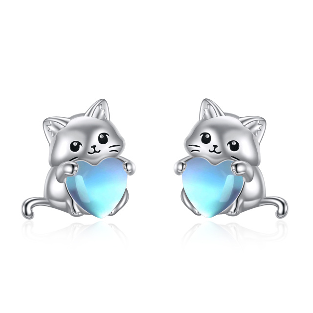 Sterling Silver Heart Shaped Moonstone Cat & Heart Stud Earrings-1