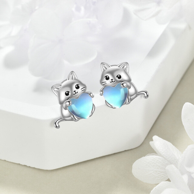 Pendientes de plata de ley con forma de corazón de gato y corazón de piedra de luna-4