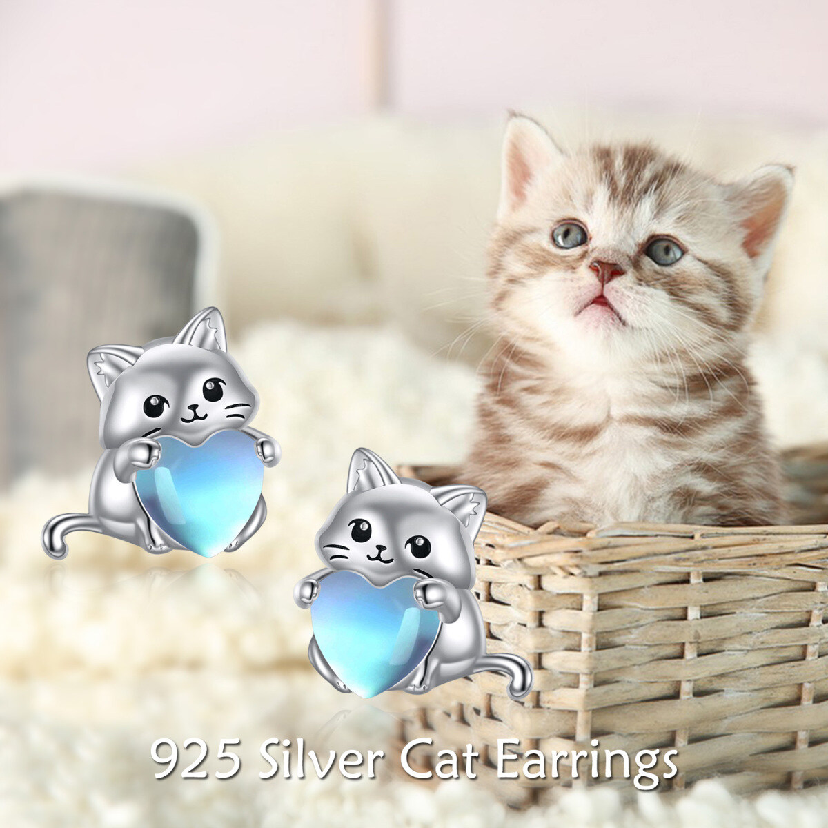 Sterling Silver Heart Shaped Moonstone Cat & Heart Stud Earrings-6