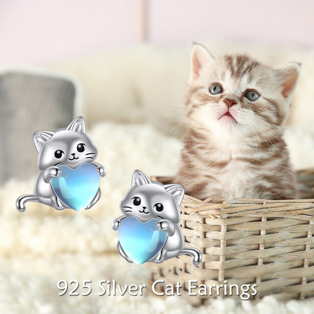 Sterling Silver Heart Shaped Moonstone Cat & Heart Stud Earrings-6