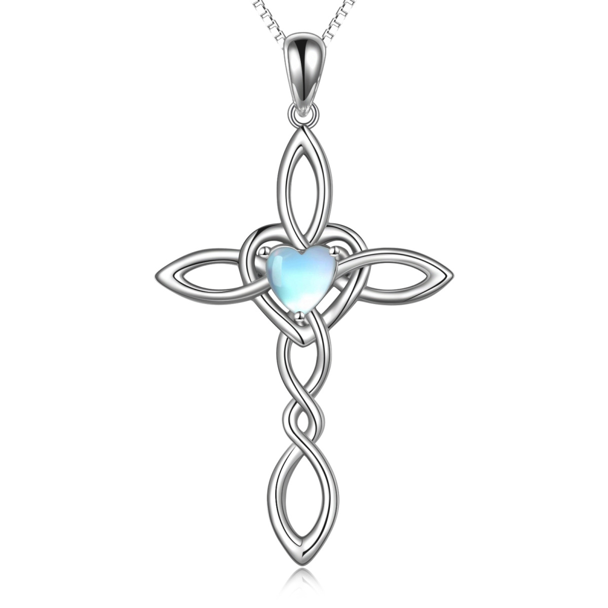 Collar con colgante de cruz y nudo celta de piedra lunar en forma de corazón de plata de ley para mujer-1