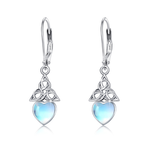 Boucles d'oreilles dormeuses en argent sterling en forme de cœur avec pierre de lune et nœud celtique