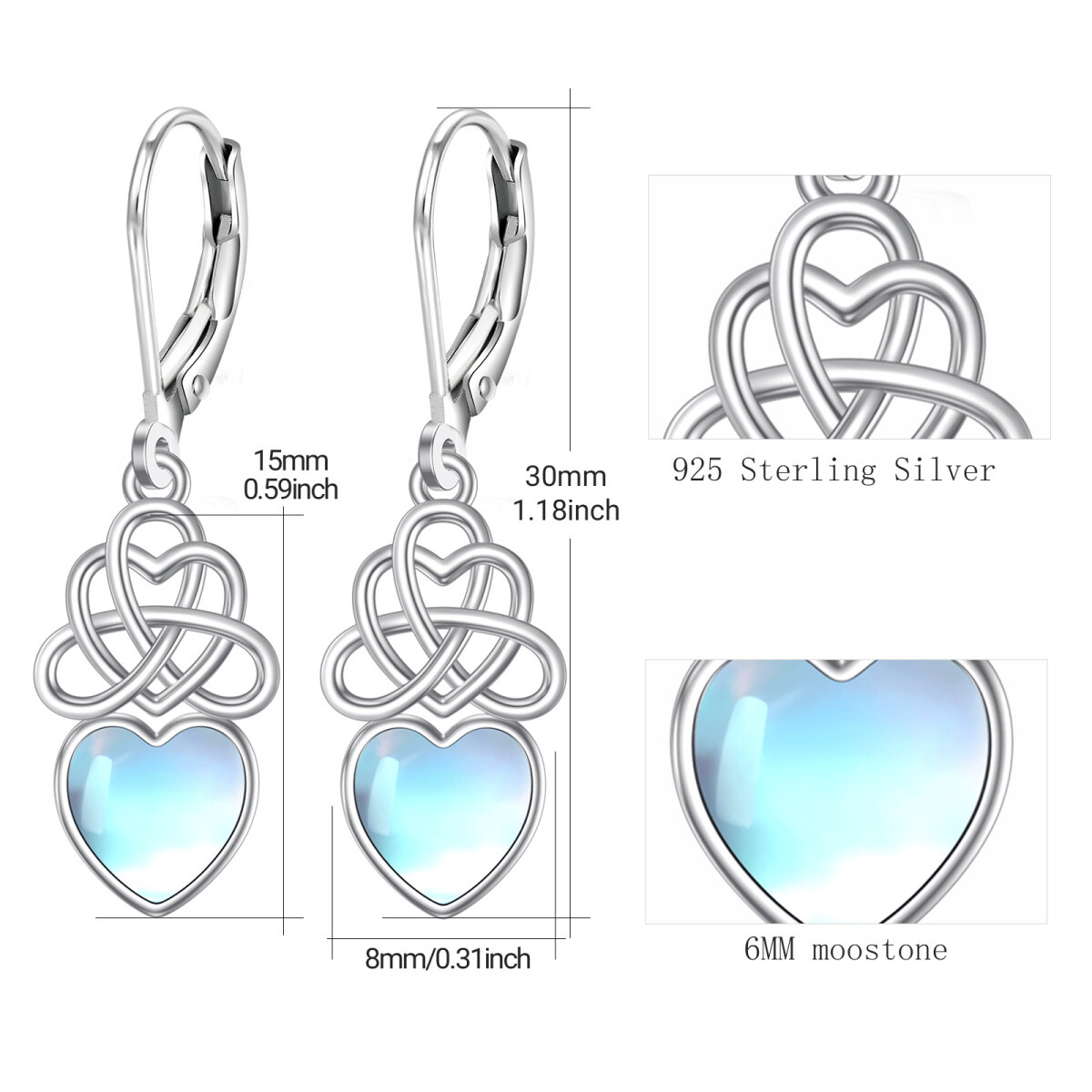 Sterling Silver Heart Shaped Moonstone Celtic Knot Lever-back Earrings-6