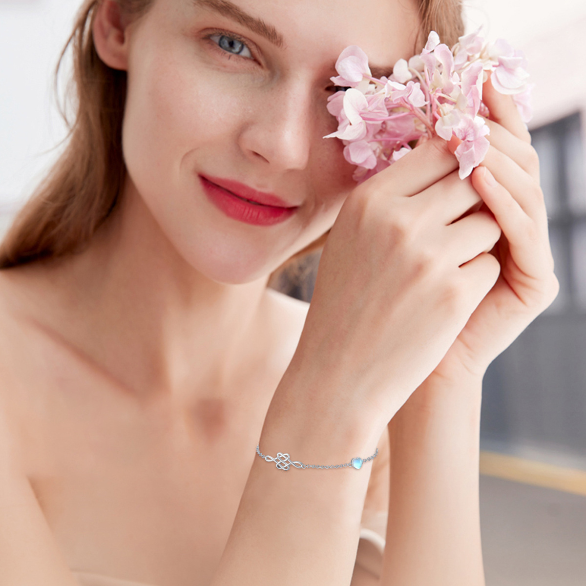 Pulsera con colgante de nudo celta de piedra lunar y corazón de plata de ley para mujer, mejor amiga-2