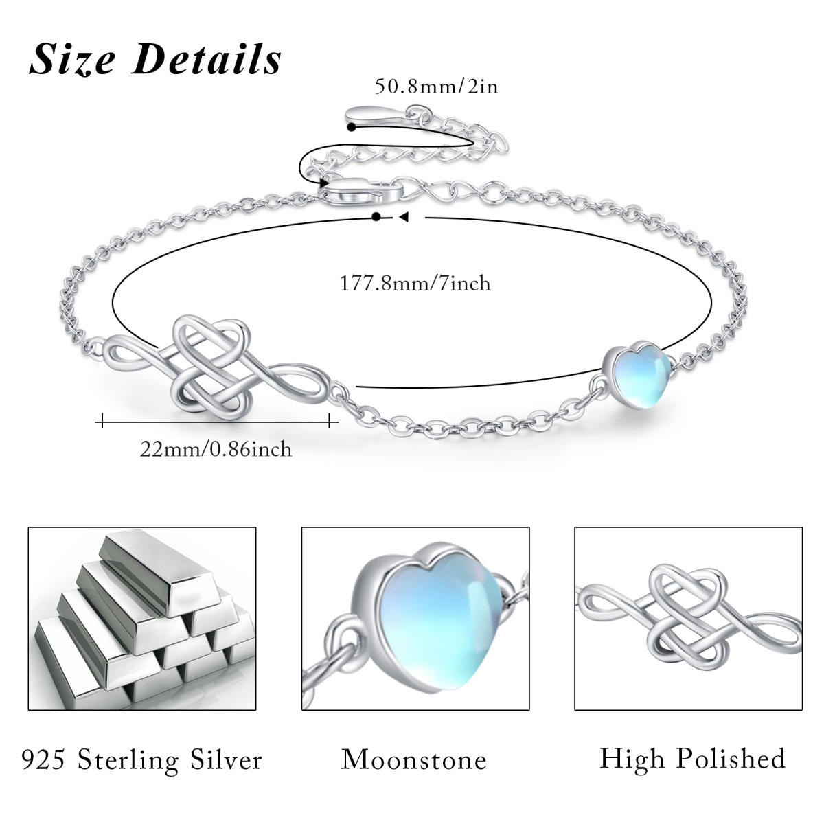 Sterling Silver Heart Moonstone Celtic Knot Pendant Bracelet For Women Best Friend-6