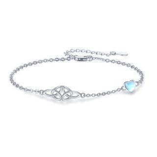 Sterling Silver Heart Shaped Moonstone Celtic Knot Single Chain Anklet-36