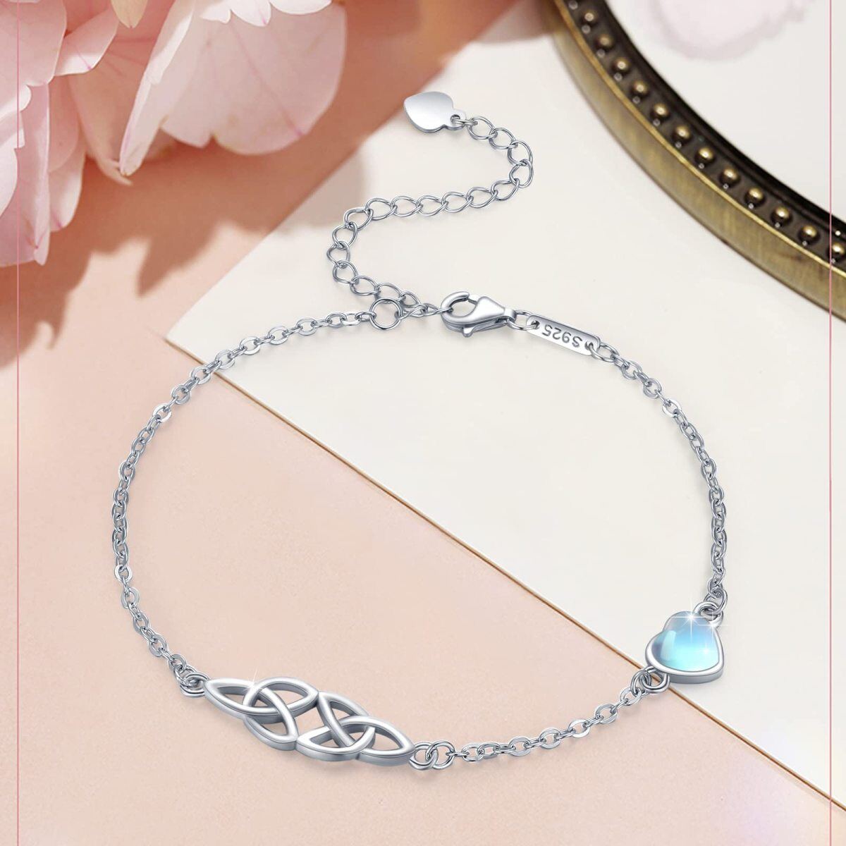 Sterling Silver Heart Shaped Moonstone Celtic Knot Single Chain Anklet-4