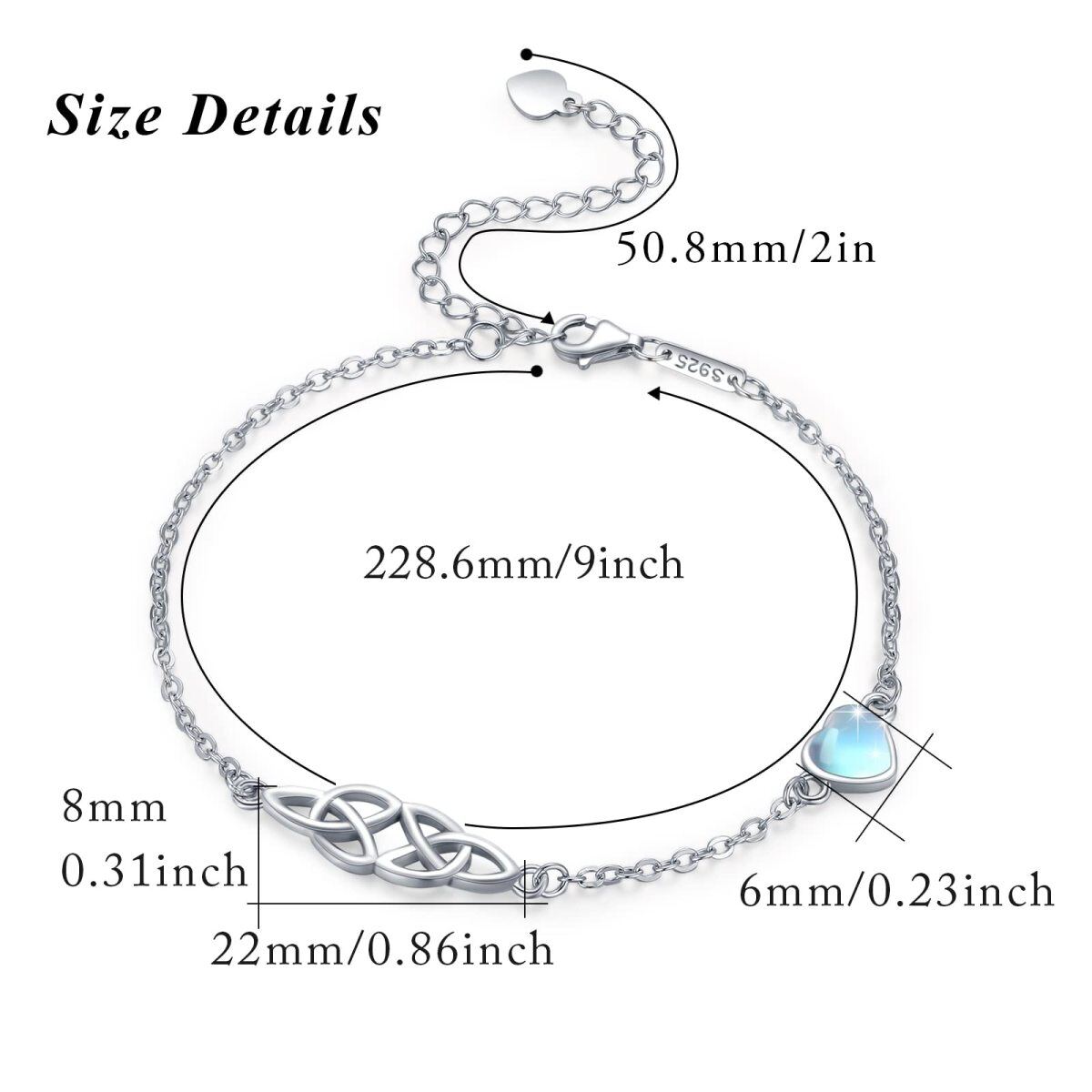 Sterling Silver Heart Shaped Moonstone Celtic Knot Single Chain Anklet-5