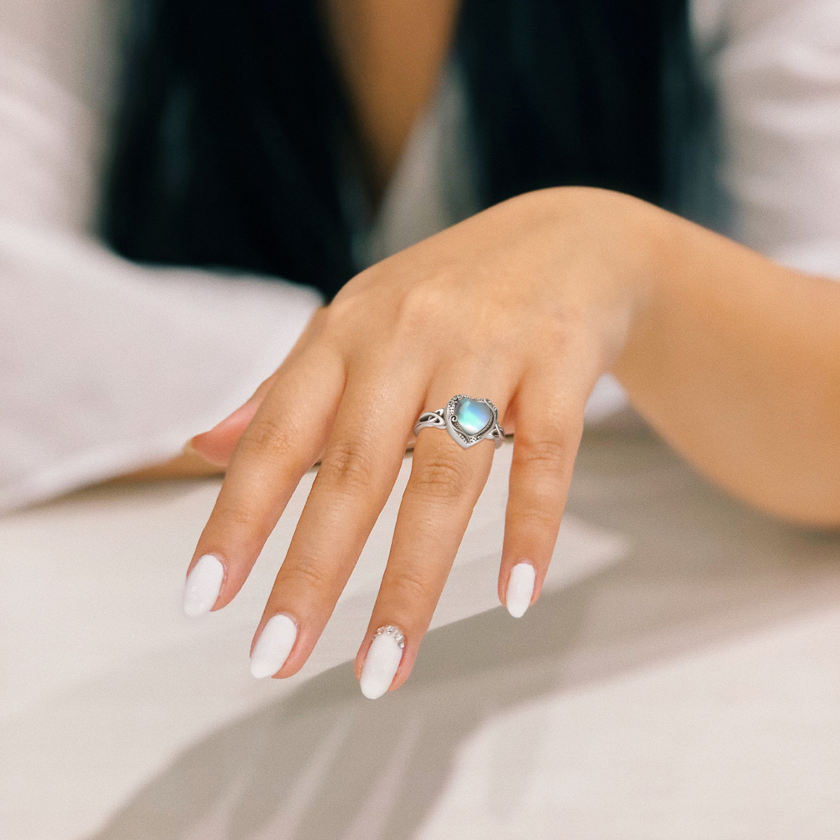 Sterling Silver Heart Moonstone Celtic Knot With Heart Urn Ring For Women-2