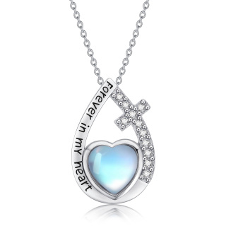 Sterling Silver Heart Shaped Moonstone Cross & Drop Shape Urn Necklace for Ashes with Engraved Word-4