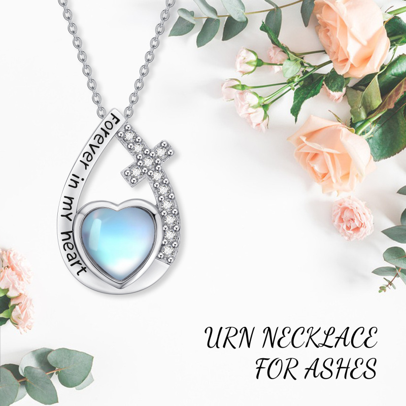 Sterling Silver Heart Shaped Moonstone Cross & Drop Shape Urn Necklace for Ashes with Engraved Word-3