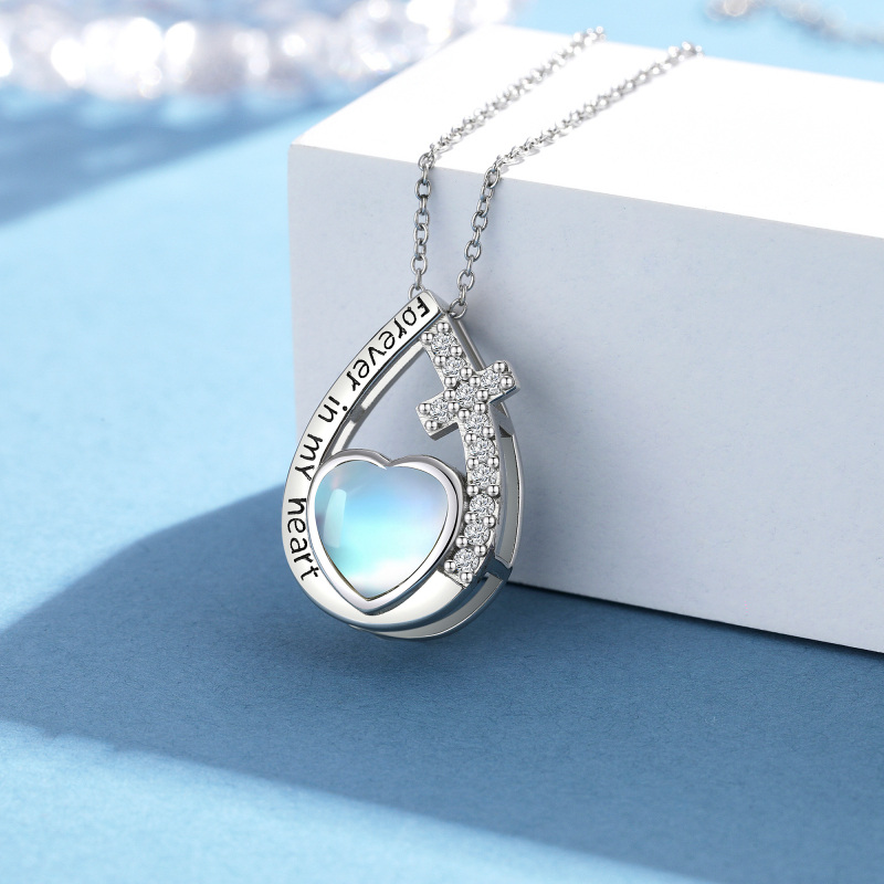 Sterling Silver Heart Shaped Moonstone Cross & Drop Shape Urn Necklace for Ashes with Engraved Word-4