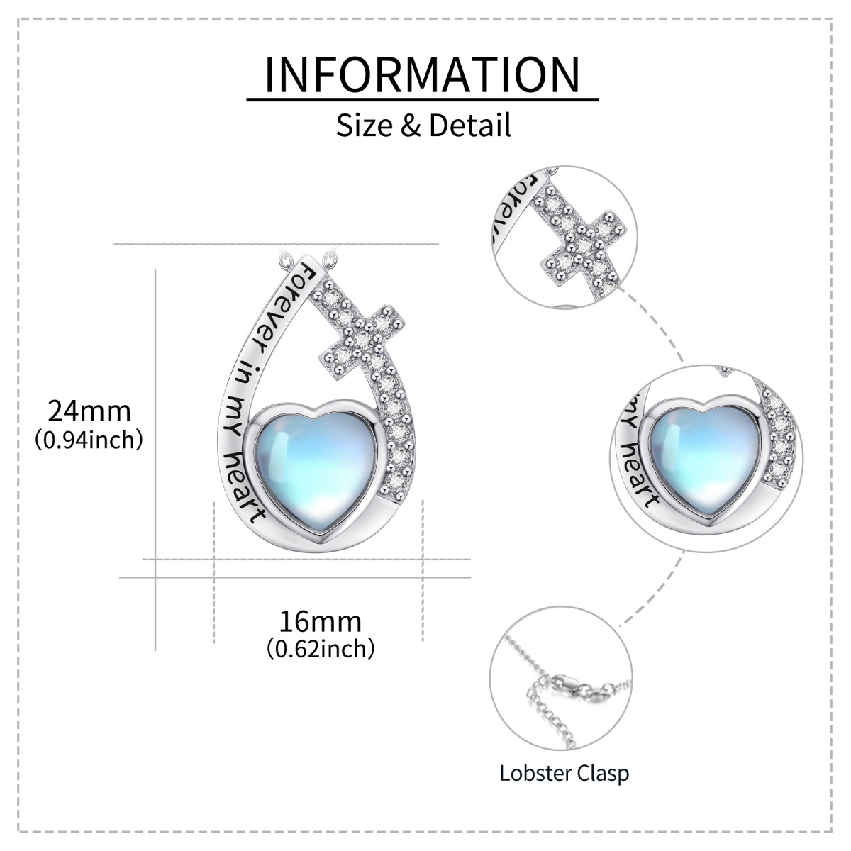 Plata de ley en forma de corazón Moonstone Cruz y Drop Shape Urna collar con palabra graba-6