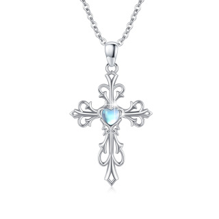 Sterling Silver Heart Moonstone Cross Pendant Necklace For Women-3