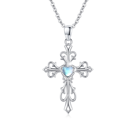 Collier en argent sterling avec pendentif en forme de coeur et croix en pierre de lune