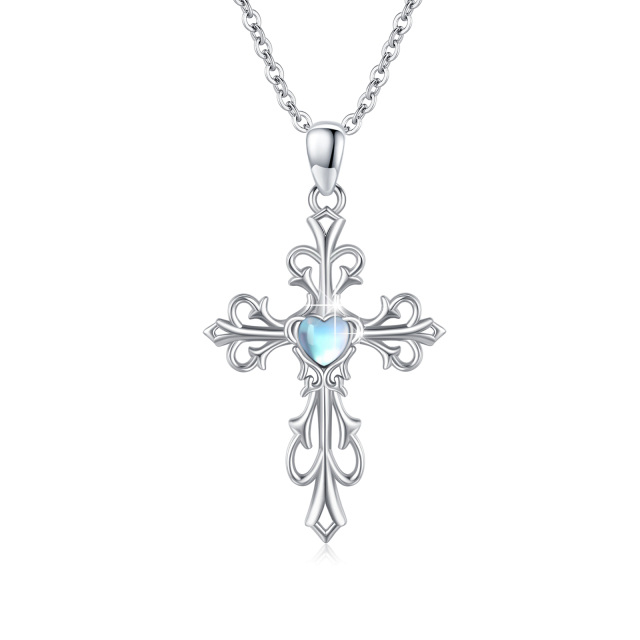 Sterling Silver Heart Shaped Moonstone Cross & Heart Pendant Necklace-5