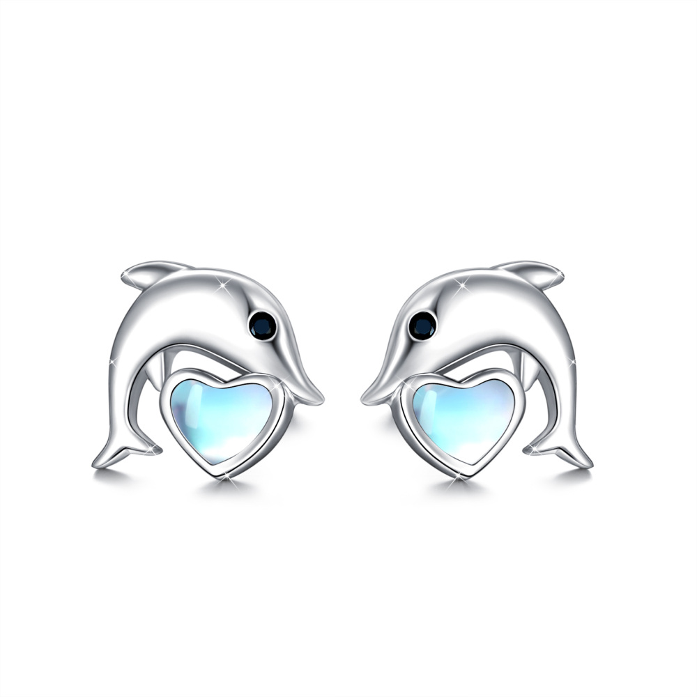 Sterling Silver Heart Shaped Moonstone Dolphin Stud Earrings-1