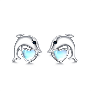 Sterling Silver Heart Shaped Moonstone Dolphin Stud Earrings-2