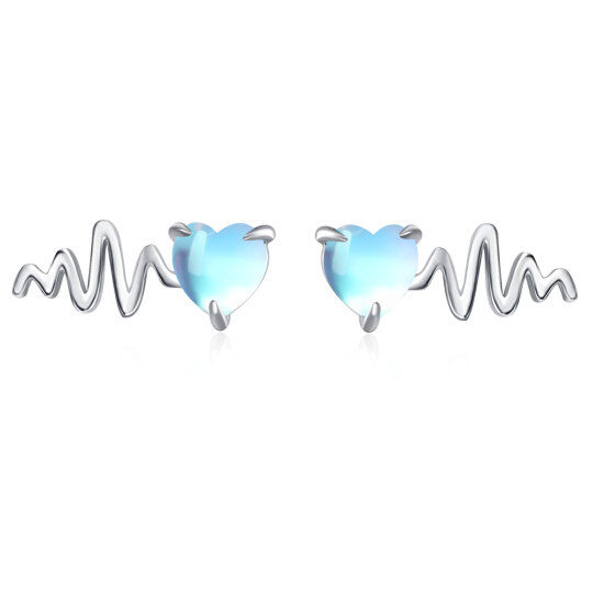 Pendientes de plata de ley con forma de corazón y electrocardiograma de piedra lunar