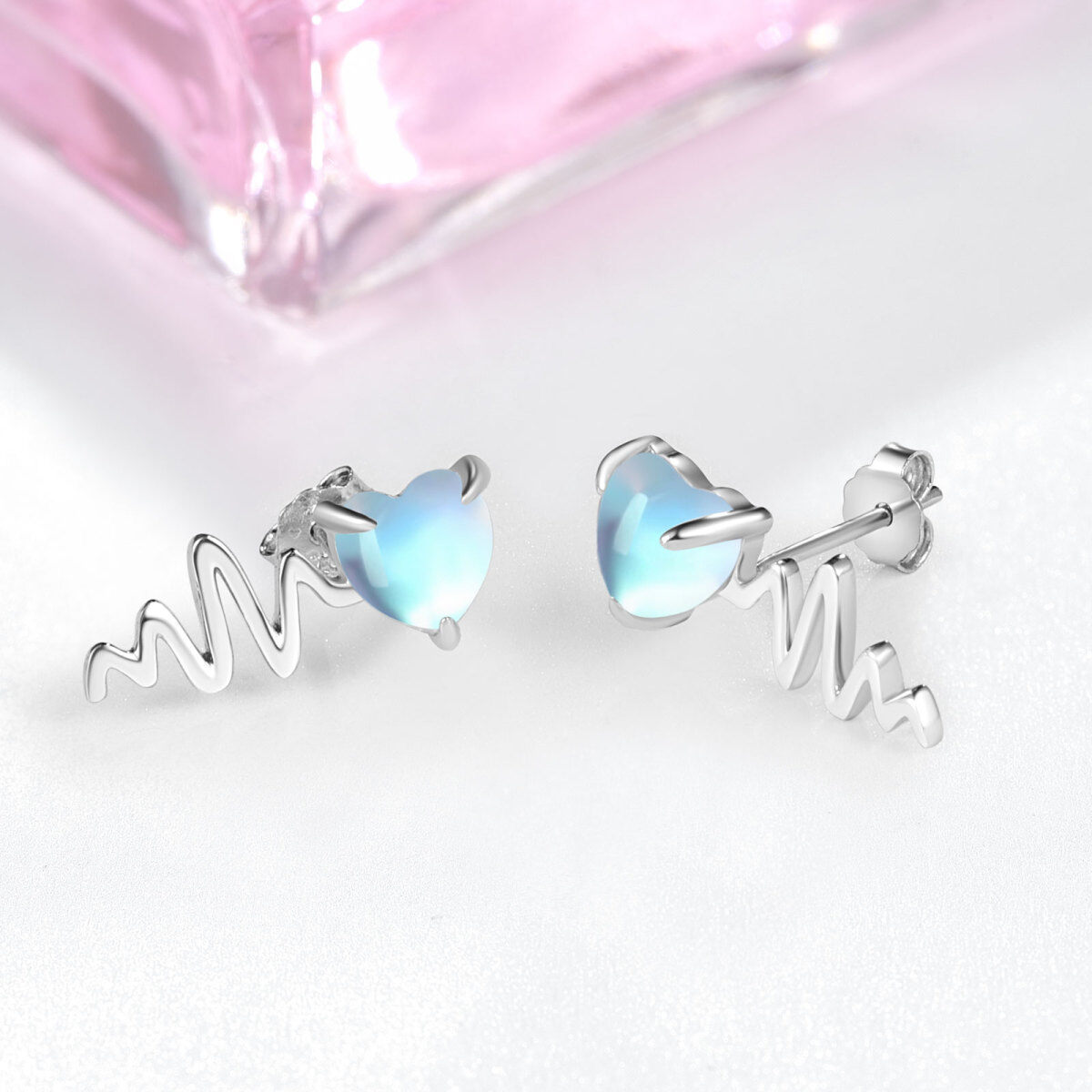 Sterling Silver Heart Moonstone Electrocardiogram Stud Earrings For Women-4