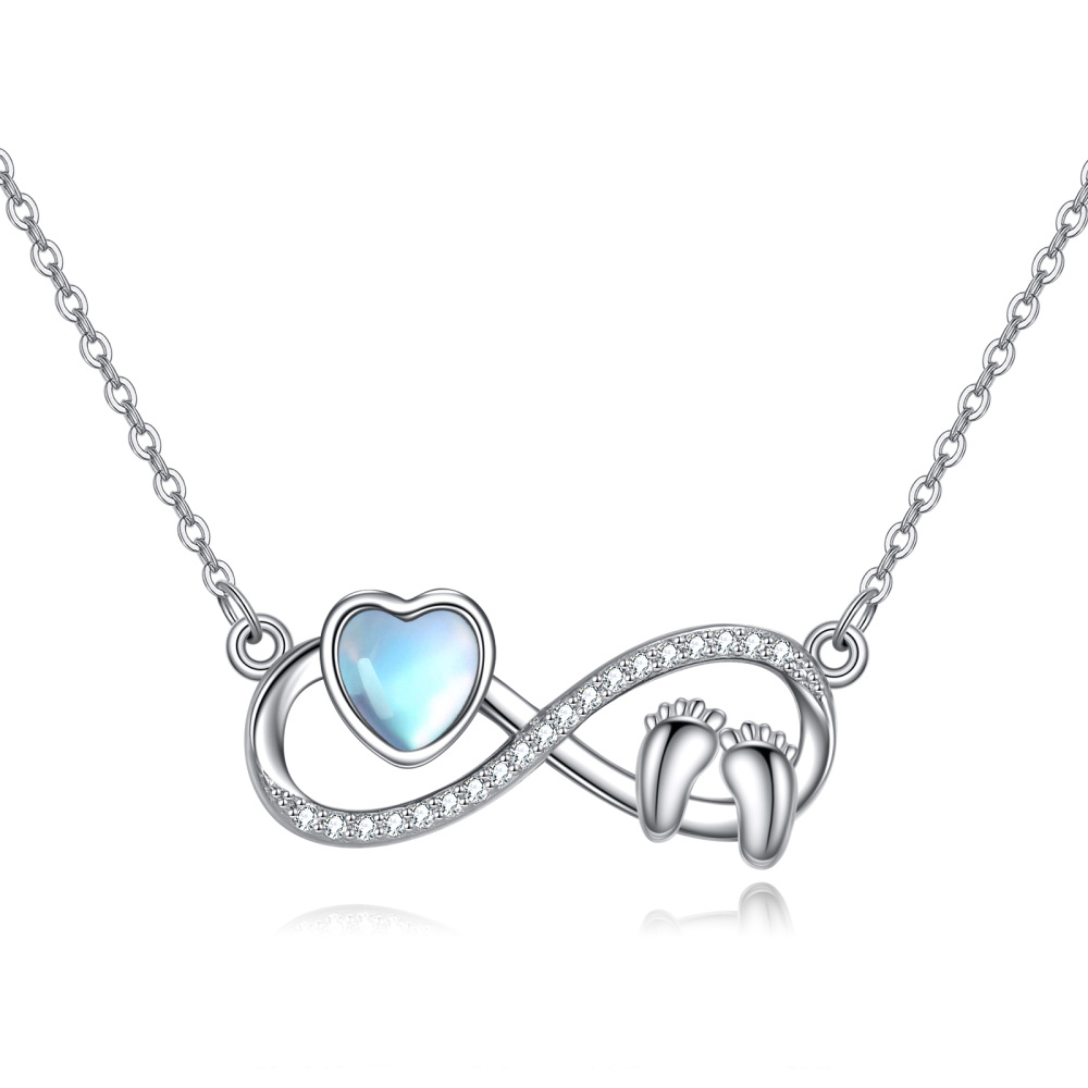 Sterling Silver Heart Moonstone Footprints Infinity Symbol Pendant Necklace For Women-1
