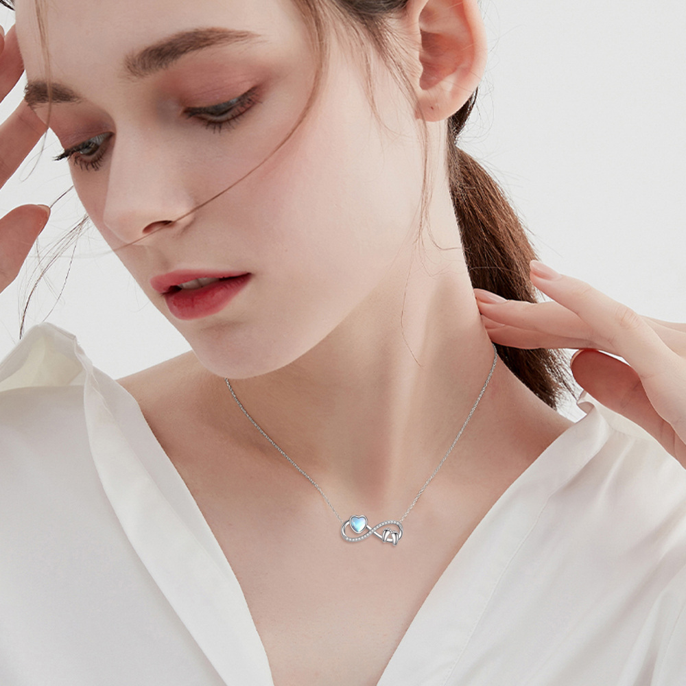 Sterling Silver Heart Moonstone Footprints Infinity Symbol Pendant Necklace For Women-2