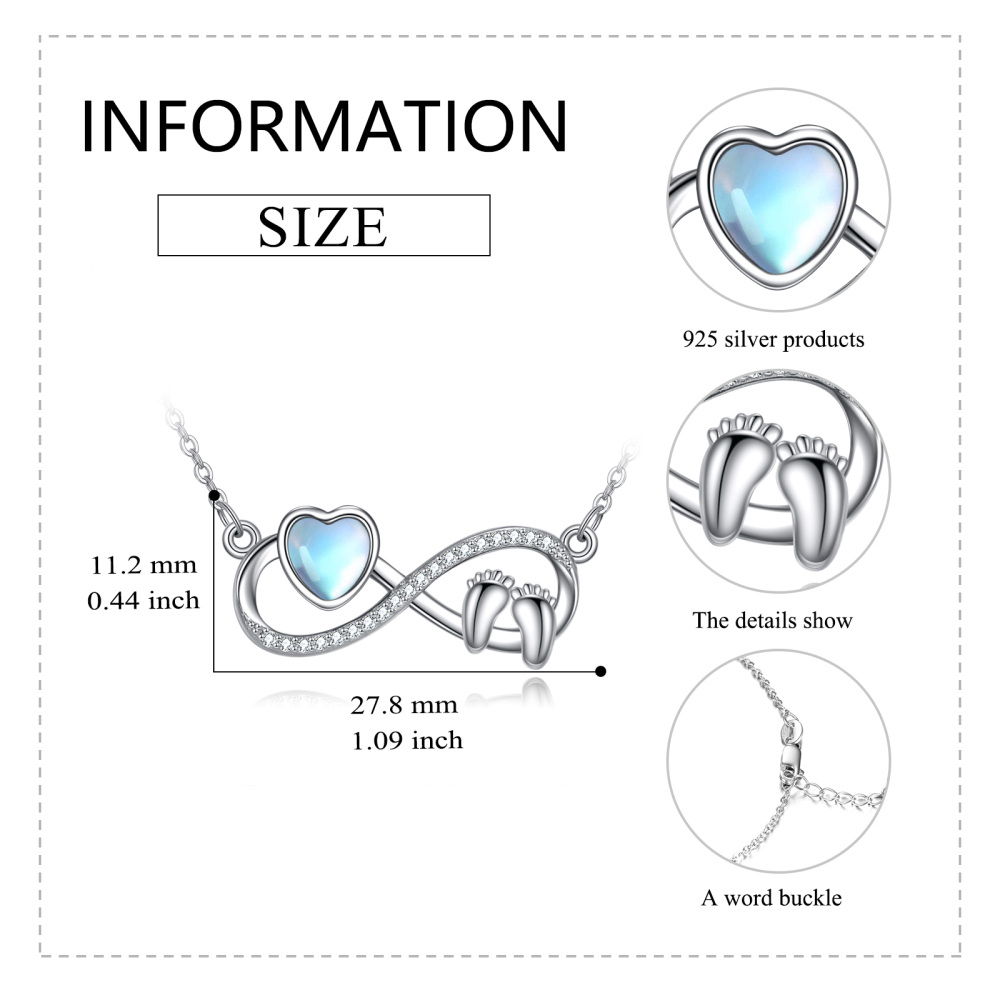 Sterling Silver Heart Moonstone Footprints Infinity Symbol Pendant Necklace For Women-5