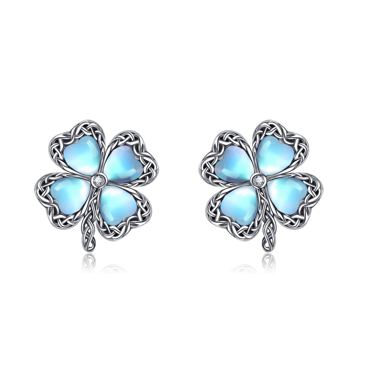 Sterling Silver Heart Shaped Moonstone Four Leaf Clover Stud Earrings-1