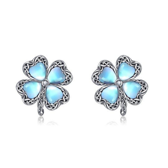 Sterling Silver Heart Shaped Moonstone Four Leaf Clover Stud Earrings