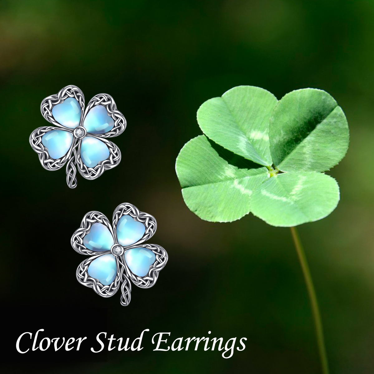 Sterling Silver Heart Shaped Moonstone Four Leaf Clover Stud Earrings-5