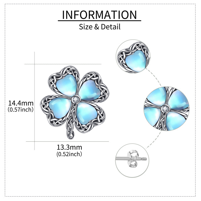 Sterling Silver Heart Shaped Moonstone Four Leaf Clover Stud Earrings-6