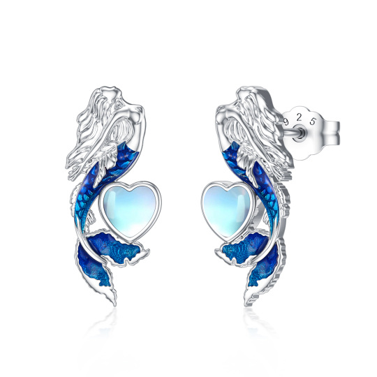 Sterling Silver Heart Shaped Moonstone Mermaid Tail Stud Earrings-1