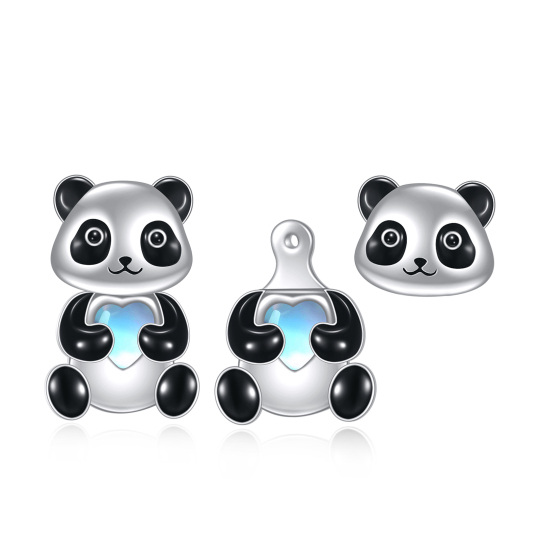 Pendientes de plata de ley en forma de corazón de piedra de luna Panda Chaqueta