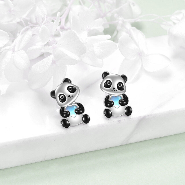 Pendientes de plata de ley en forma de corazón de piedra de luna Panda Chaqueta-3