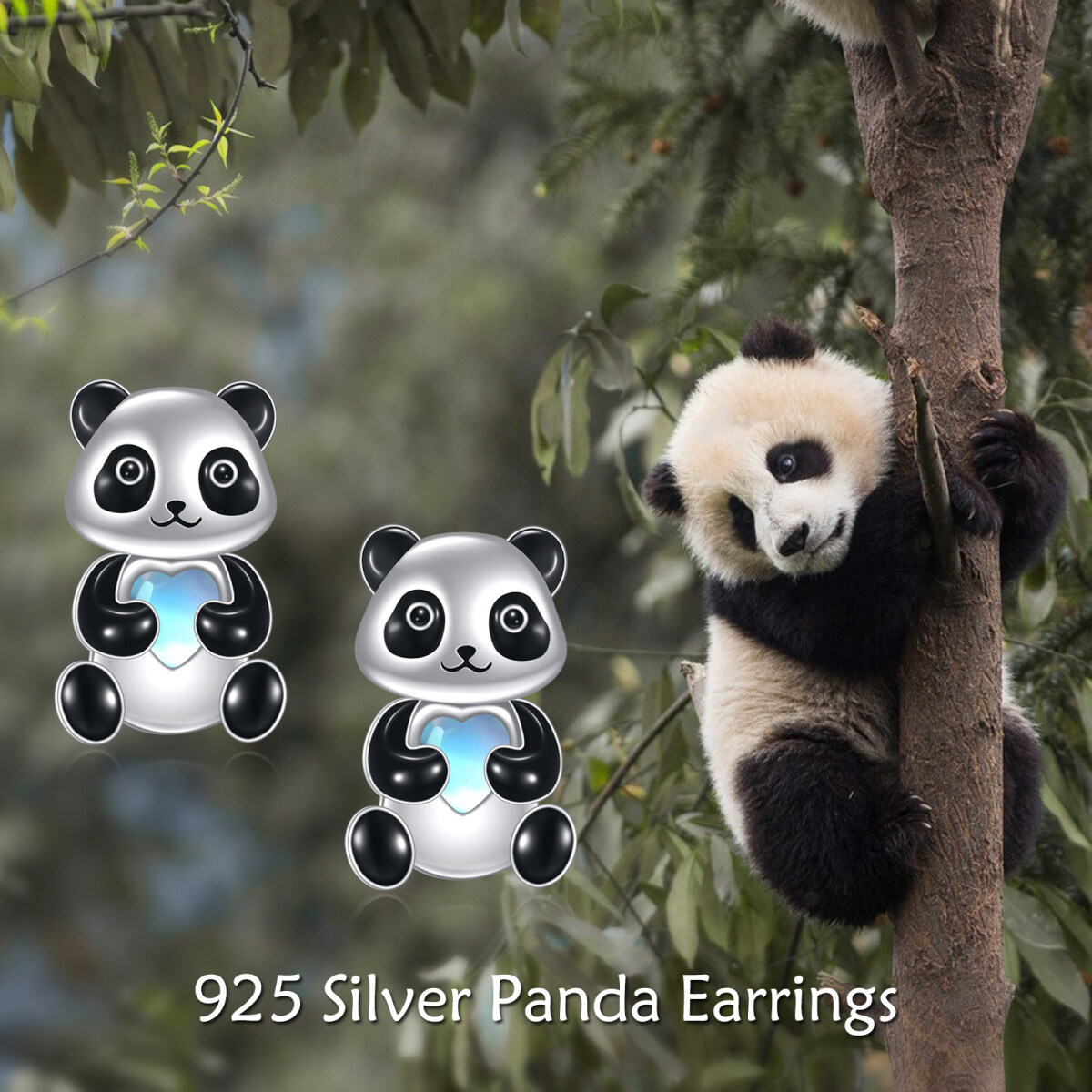 Sterling Silber Herzförmig Mondstein Panda Jacke Ohrringe-6