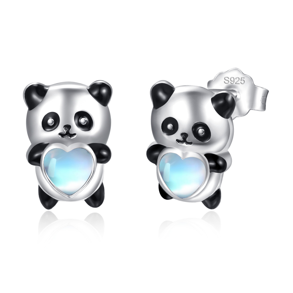 Sterling Silver Heart Shaped Moonstone Panda Stud Earrings-1