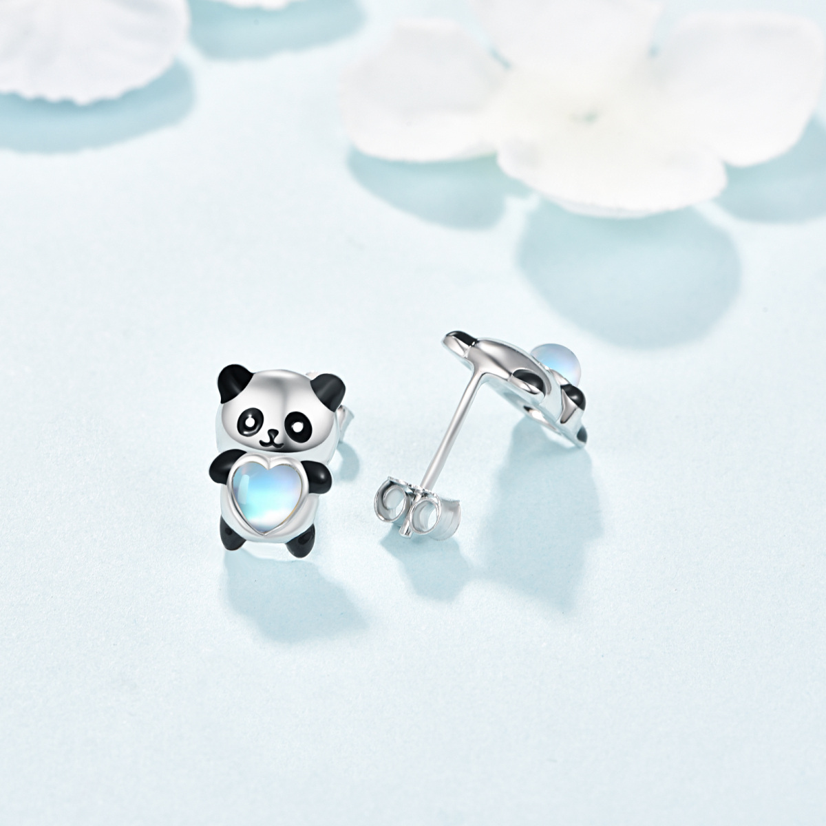 Sterling Silver Heart Shaped Moonstone Panda Stud Earrings-5