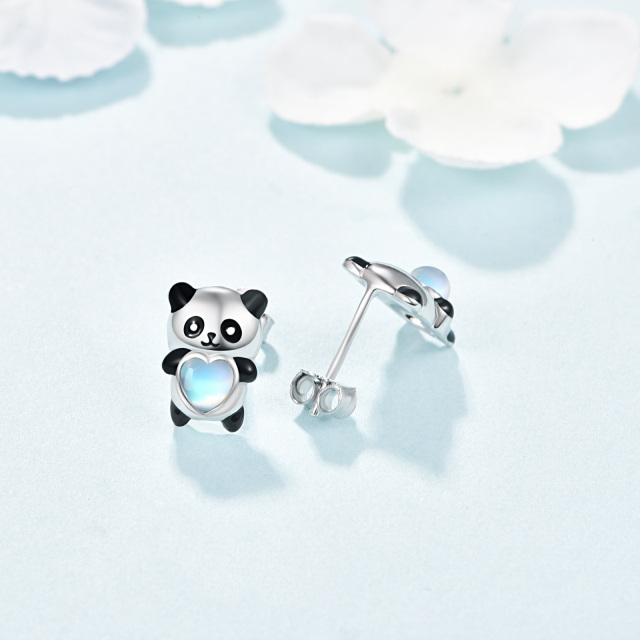 Orecchini a bottone con panda in pietra di luna a forma di cuore in argento sterling-5