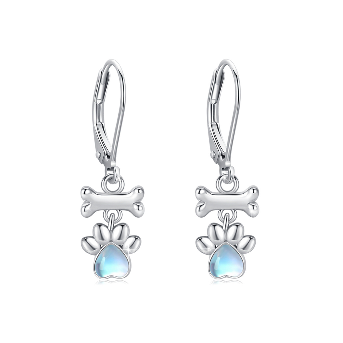 Sterling Silver Heart Shaped Moonstone Paw & Bone Lever-back Earrings-1